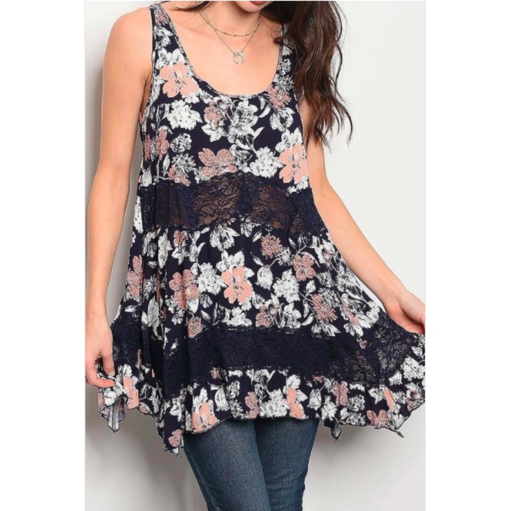 Navy Floral and Lace Tiered Swing Tank Top